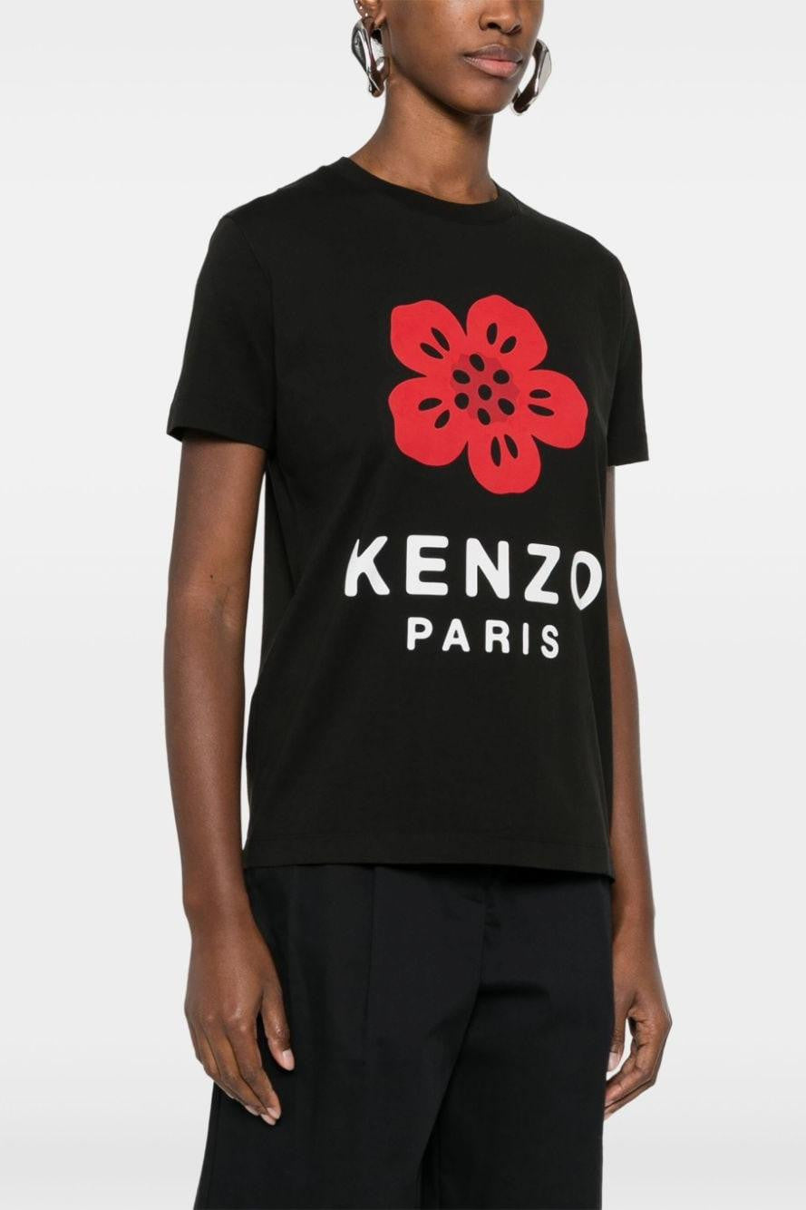 T-shirt Nero Donna Stampa Fiore Boke su Progetto Seta