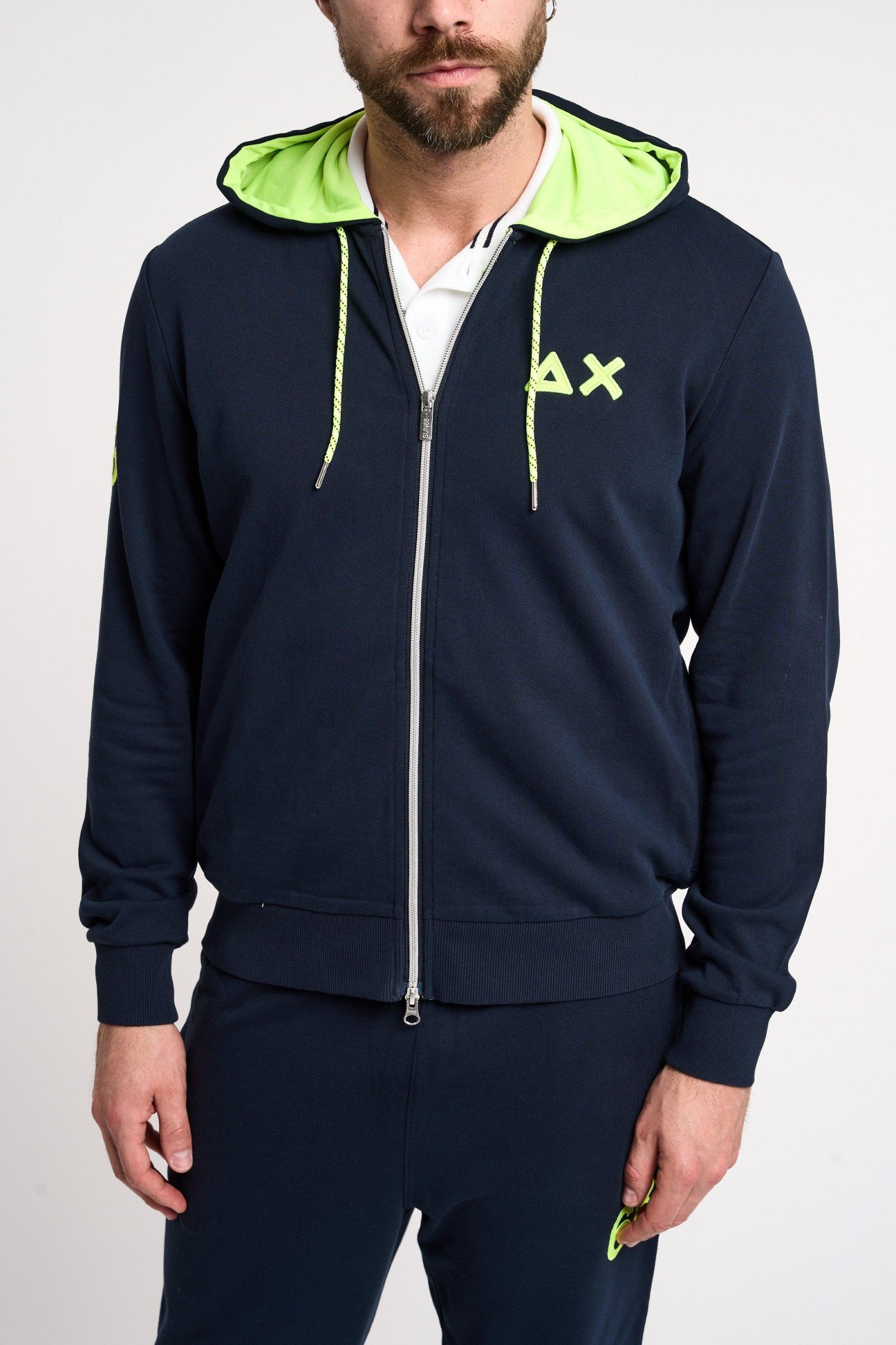 SUN68 Felpa Fluo con Cappuccio Zip Blu Uomo su