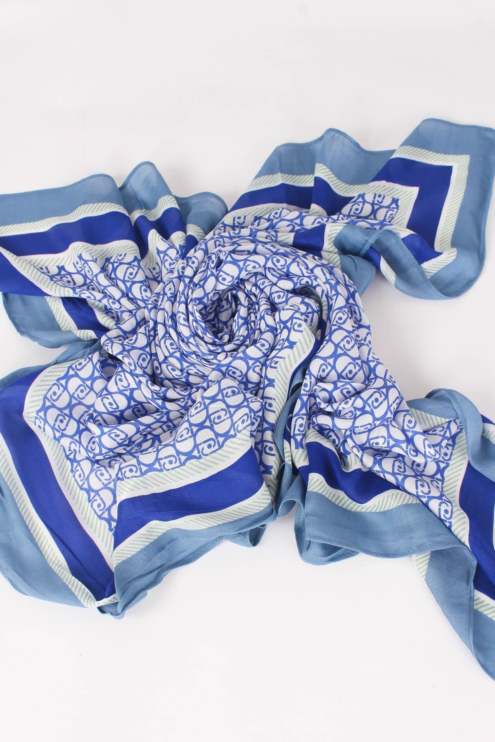 Liu Jo Jeans Foulard In Cotone Blu Denim – 120x120 Cm, Stampa Maculata E Logo, Accessorio Elegante