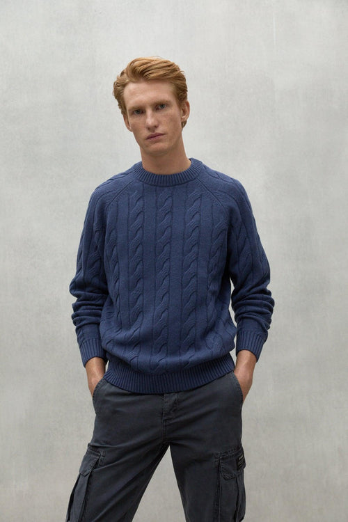 Pull Girocollo Treccia Piatta Blu Uomo - 2