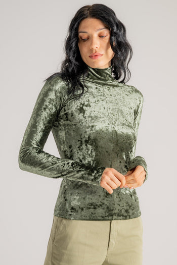 Iridescent Stretch Velvet Turtleneck T-shirt Verde Donna - 3