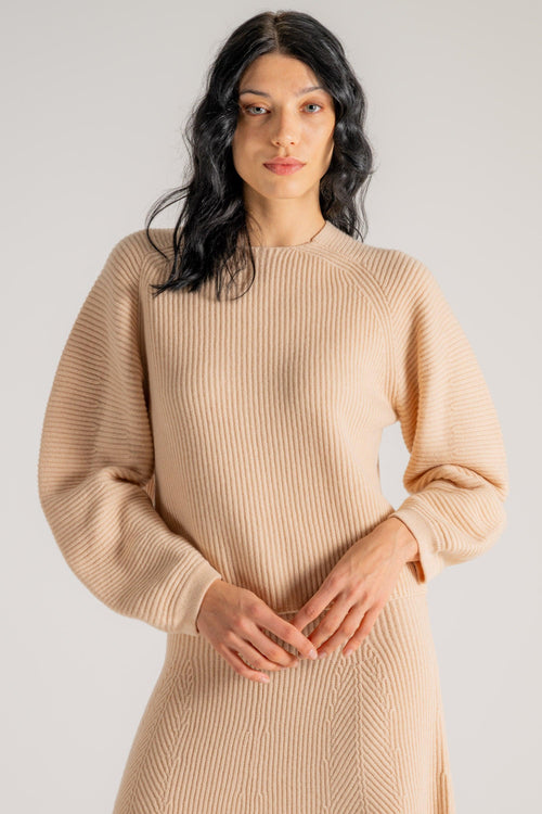 Cashmere Wool Ribbed Half Moon Sweater Beige Donna