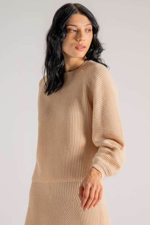 Cashmere Wool Ribbed Half Moon Sweater Beige Donna - 2