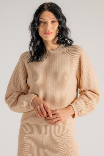 Cashmere Wool Ribbed Half Moon Sweater Beige Donna - 3