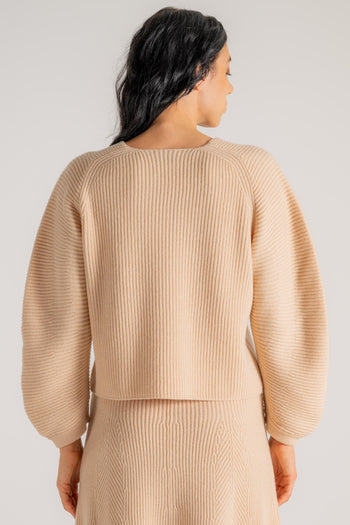 Cashmere Wool Ribbed Half Moon Sweater Beige Donna - 4