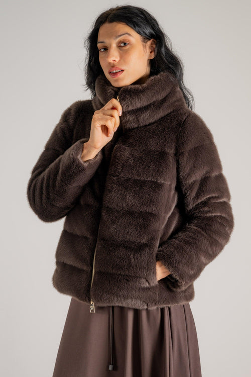 Cappa Piumino In Faux Fur Marrone Donna