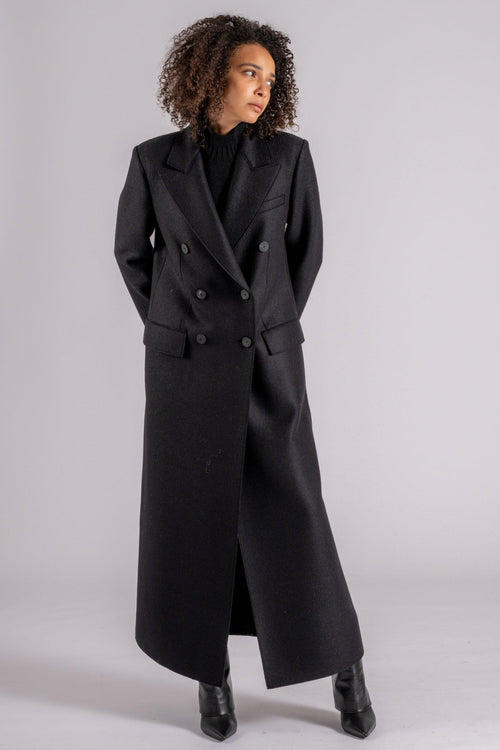 Tailored Coat Long Double Breasted Lana Vergine Nero - 2