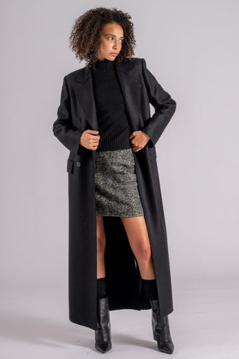 Tailored Coat Long Double Breasted Lana Vergine Nero - 4