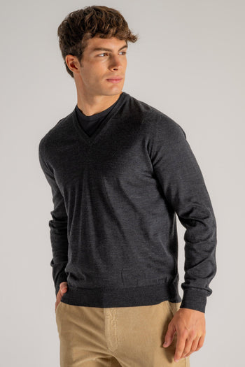 Maglia Collo A V Royal Merino Grigio Uomo - 3