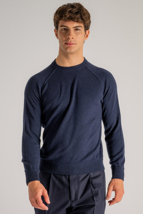 Maglia Girocollo Raglan Lana Cashmere Blu Uomo