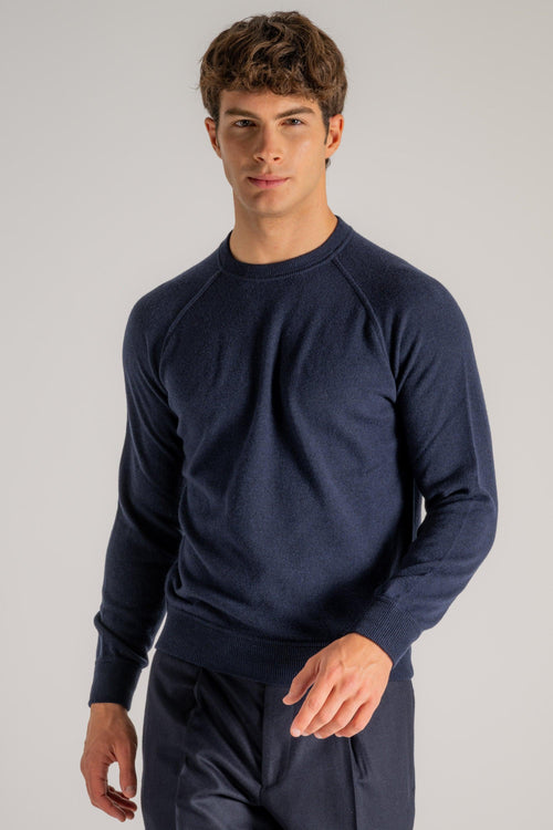 Maglia Girocollo Raglan Lana Cashmere Blu Uomo - 2