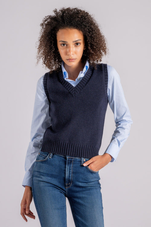 Gilet V-Neck 100% Cashmere Blu - 2