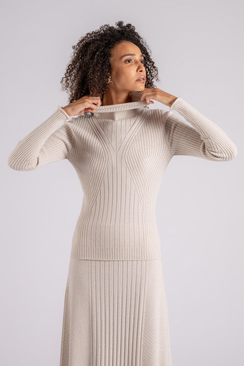 Maglia a Coste Dolcevita in Cashmere/Viscosa/Poliammidica/Lana Bianco