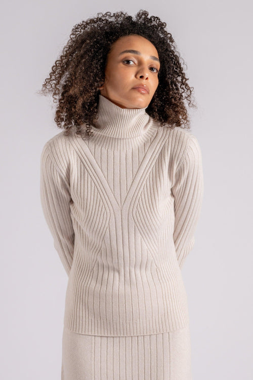 Maglia a Coste Dolcevita in Cashmere/Viscosa/Poliammidica/Lana Bianco - 2