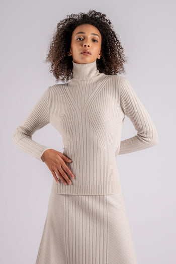 Maglia a Coste Dolcevita in Cashmere/Viscosa/Poliammidica/Lana Bianco - 3