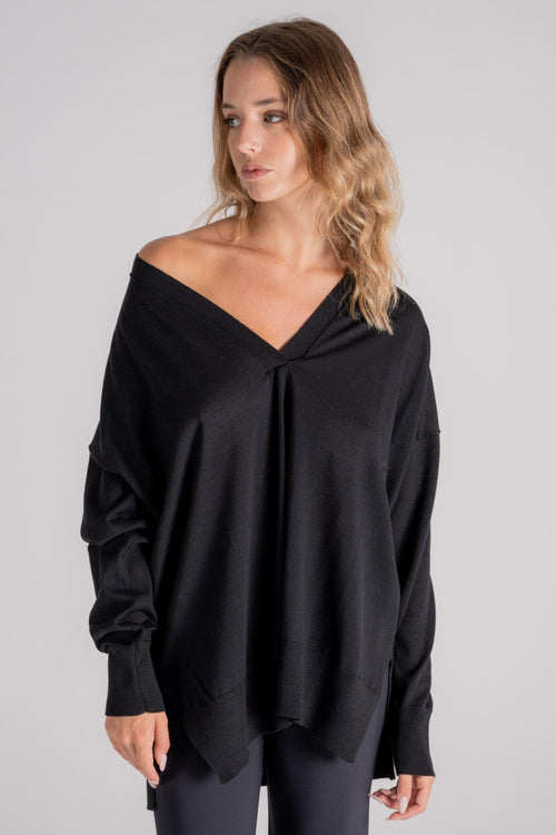 Maglia Scollo Ampio 100% Lana Vergine Nero - 2