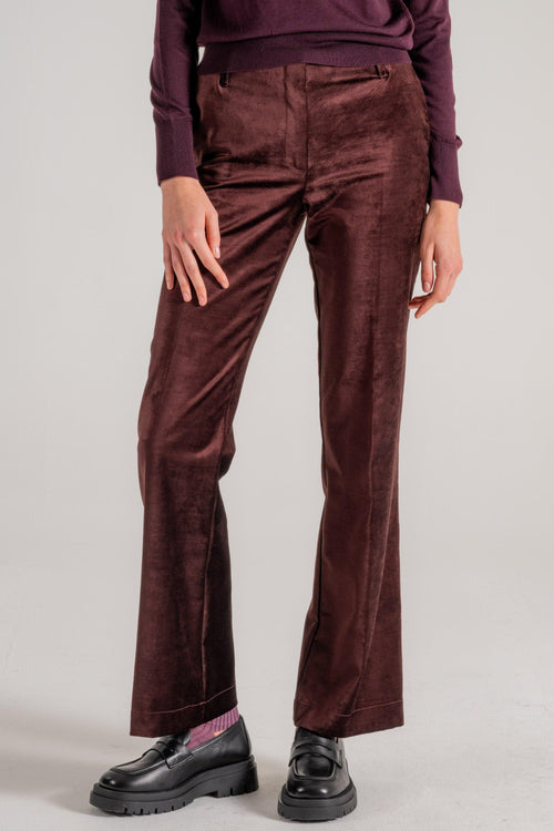 Cotton Viscose Stretch Velvet Trumpet Shaped Pants Marrone Donna