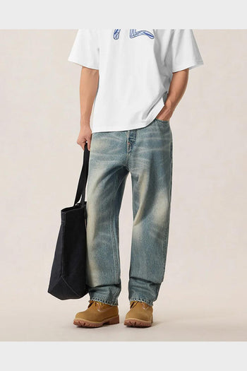 Jeans 7 Pocket Abstract Washing Seagull Embroidery Denim Mid Tone Indigo - 6