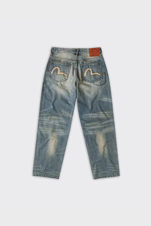 Jeans 7 Pocket Abstract Washing Seagull Embroidery Denim Mid Tone Indigo