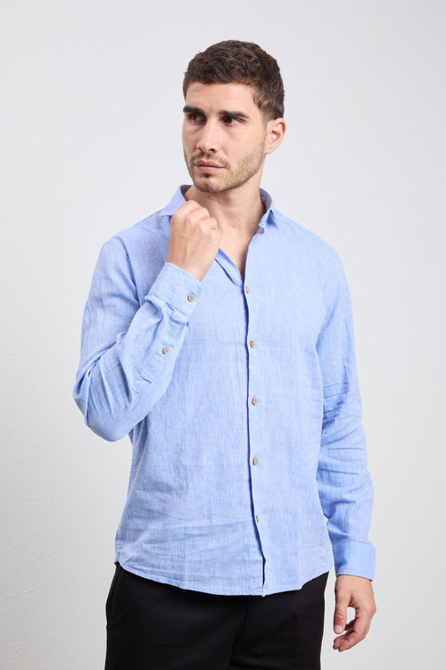 3160 Camicia manica lunga in lino azzurro fiammato