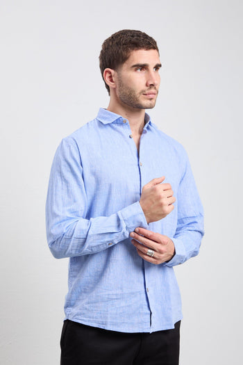 3160 Camicia manica lunga in lino azzurro fiammato - 4