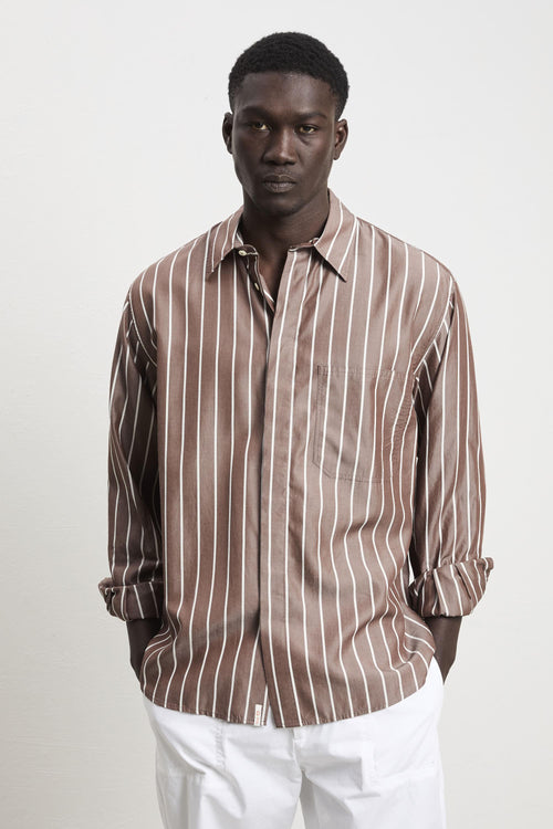 36 - 3344 Camicia a maniche lunghe marrone a righe bianche