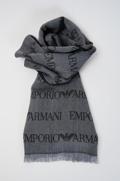 Sciarpa misto lana vergine logo lettering jacquard e frange