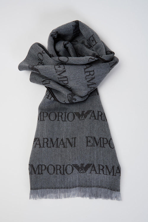 Sciarpa misto lana vergine logo lettering jacquard e frange