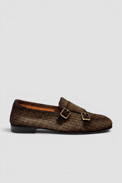 Mocassino doppia fibbia in suede intrecciato