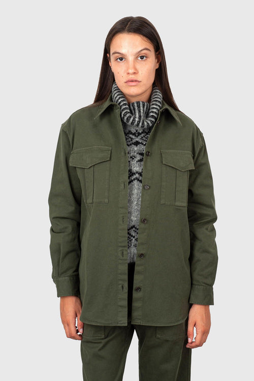 Camicia In Gabardina Di Cotone Stretch Verde Militare Donna