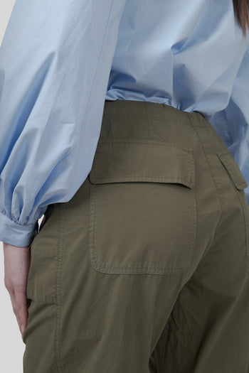 Pantalone Con Coulisse In Popeline Verde Militare Donna - 7