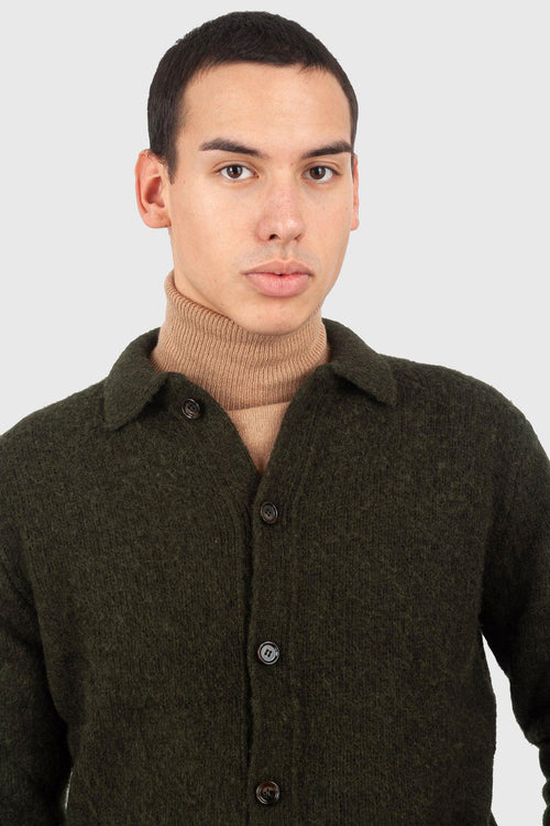 Cardigan In Lana Shetland Spazzolata Verde Militare Uomo - 2