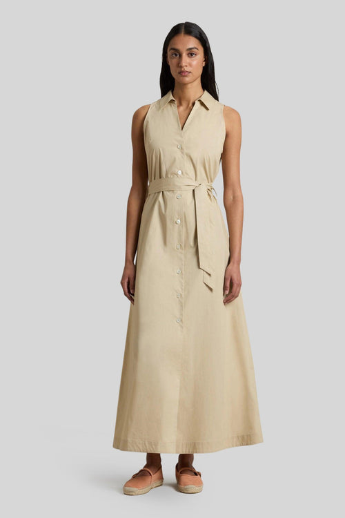Abito Chemisier In Popeline Di Puro Cotone Con Cintura Beige Chiaro Donna