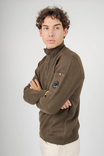 Maglia Merino Wool Felted Half Button Verde Militare Uomo - 3