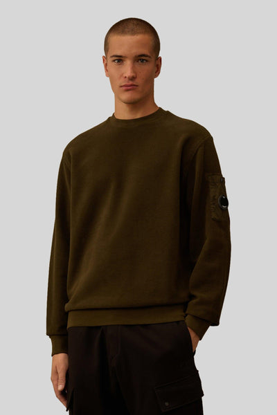 Felpa Brushed Emerized Diagonal Fleece Crewneck Verde Militare Uomo