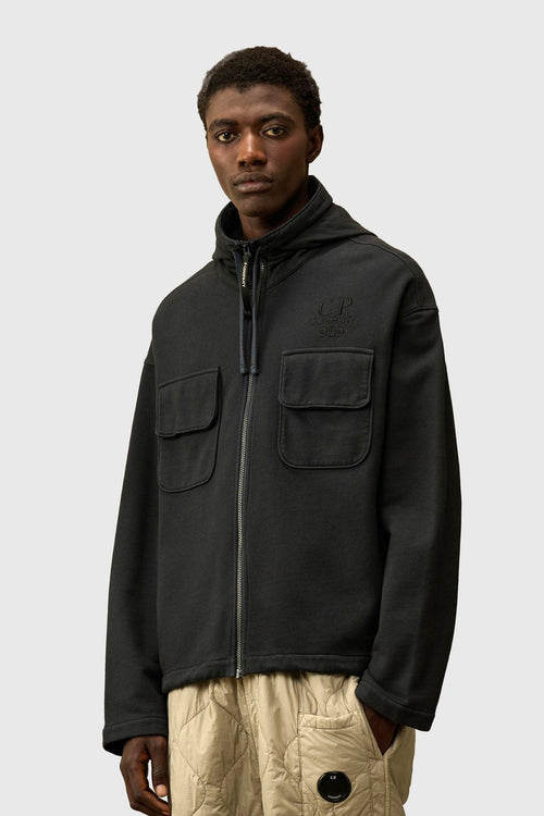 Felpa Brushed And Emerized Diagonal Fleece Hooded Utility Nero Uomo