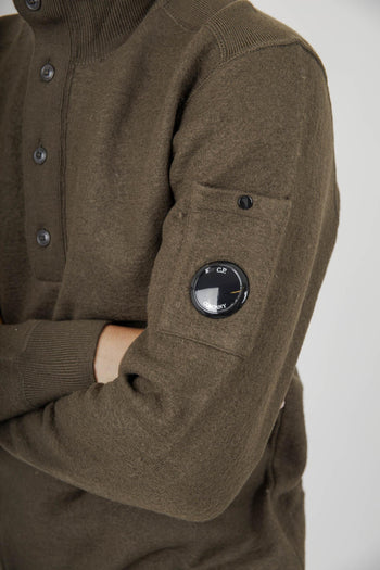 Maglia Merino Wool Felted Half Button Verde Militare Uomo - 4