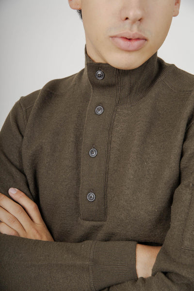 Maglia Merino Wool Felted Half Button Verde Militare Uomo