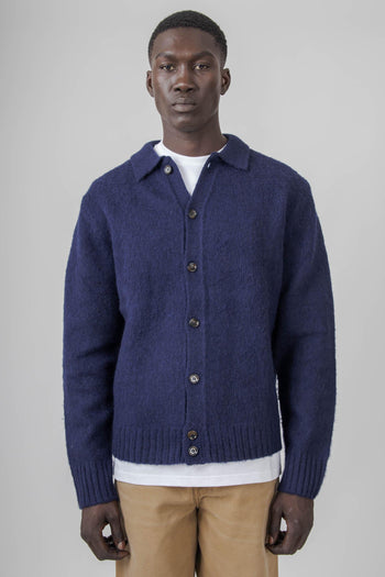Cardigan A Camicia In Lana Shetland Blu Navy Uomo - 3