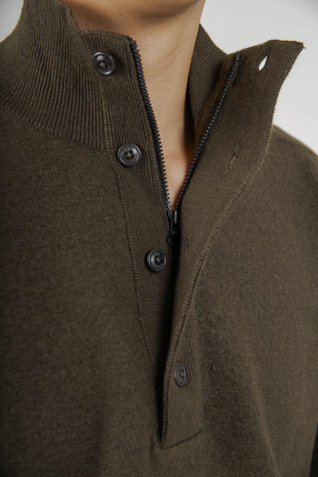 Maglia Merino Wool Felted Half Button Verde Militare Uomo - 6