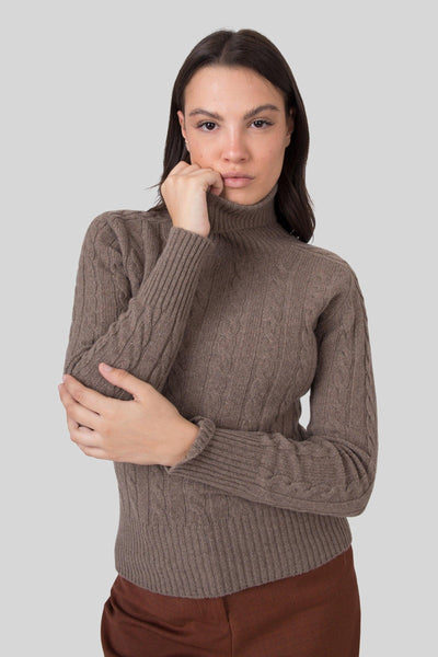 Maglia Trecce Collo Alto Noce Donna