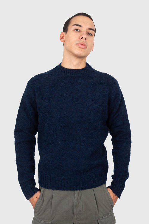 Maglia Girocollo In Lana Shetland Spazzolata Blu Navy Uomo