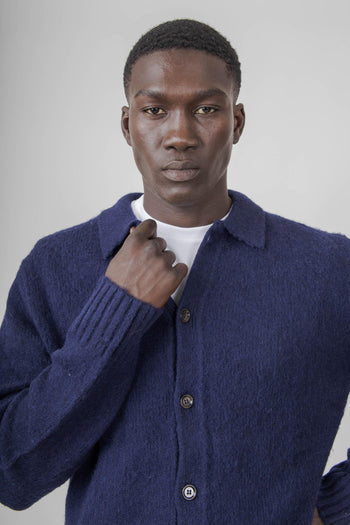 Cardigan A Camicia In Lana Shetland Blu Navy Uomo - 6
