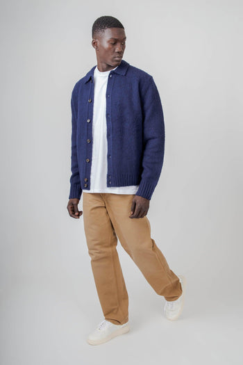 Cardigan A Camicia In Lana Shetland Blu Navy Uomo - 7