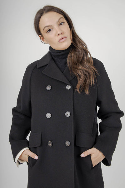 Max Mara Cappotto In Doppio Drap Di Lana Zolfo Nero Donna