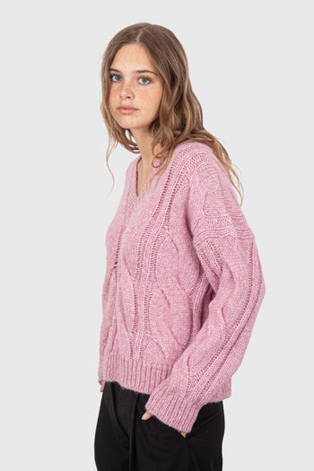 Maglia Scollo A V Trecce Rosa Donna - 3