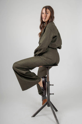 Pantalone In Flanella Misto Lana Verde Militare Donna - 6