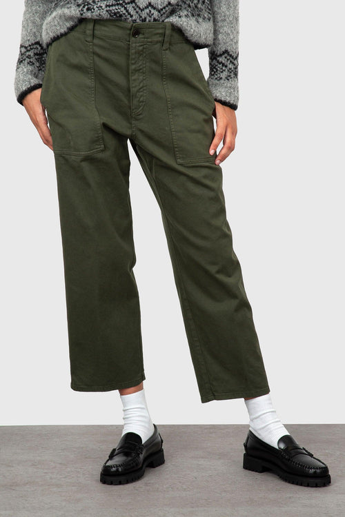 Pantalone Cropped In Gabardina Verde Militare Donna