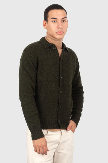 Cardigan In Lana Shetland Spazzolata Verde Militare Uomo - 3