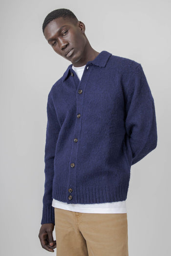 Cardigan A Camicia In Lana Shetland Blu Navy Uomo - 5